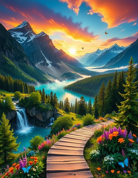 A breathtaking, high-resolution photograph of the most beautiful place on Earth, where natureâs wonders blend in perfect harmony. Towering, snow-capped mountains rise majestically in the background, their peaks glowing under the golden hues of a setting sun. Below, a crystal-clear turquoise lake reflects the colors of the sky, surrounded by lush, green forests filled with ancient trees, vibrant wildflowers, and cascading waterfalls. A soft mist rises from the valley, adding a dreamlike quality to the scene. In the distance, rolling meadows stretch toward the horizon, dotted with colorful flowers and serene wildlifeâgraceful deer grazing, birds soaring in the sky, and butterflies dancing in the breeze. A wooden footpath winds through the landscape, leading to a secluded, tranquil spot where the beauty of nature can be fully admired. The air is crisp and filled with the soothing sounds of rustling leaves, flowing water, and distant birdsong. The sky above is a masterpiece of colorsâdeep oranges, purples, and pinks blending seamlessly as the sun sets, casting a magical glow over this untouched paradise. The atmosphere is peaceful, awe-inspiring, and filled with a deep sense of wonder and tranquility, as if stepping into a perfect dream.
<lora:SDXLFaeTastic2400:0.4> <lora:extremely_detailed:0.4> extremely detailed, <lora:Earth_P4r4d1s3:1>,Earth P4r4d1s3, Masterpiece,best quality,hi res,8k,hi res,8k,award winning,(sharp focus, intricate, highly detailed),