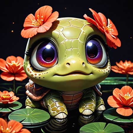 score_9, score_8_up, score_7_up, score_6_up, score_5_up, score_4_up, bright colors, high contrast, dark background, vivid lighting, pond, chibi, turtle, animal, eye reflection, red eyes, beautiful eyes, purple flower on head, looking up, missing tooth, <lora:add-detail-xl:1>