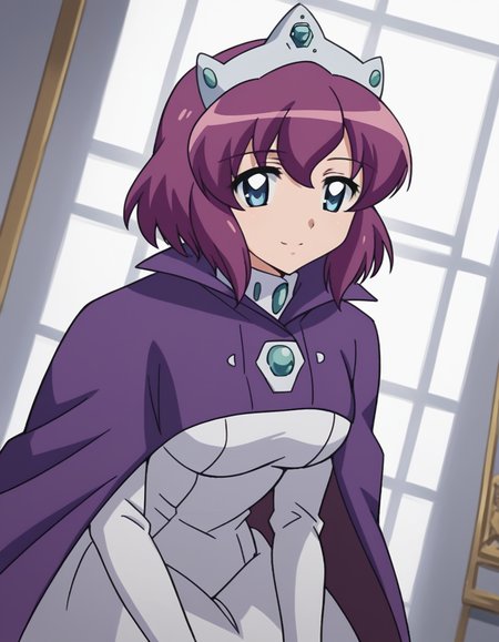 score_9, score_8_up, score_7_up, source_anime,
henriettadetristain, <lora:henrietta-de-tristain-s3-ponyxl-lora-nochekaiser:1>,
henrietta de tristain, short hair, blue eyes, purple hair,
long sleeves, hat, dress, cape, tiara, crown, purple cape, white dress, long sleeves,
indoors, bent over, smile,
looking at viewer, cowboy shot, solo, dutch angle