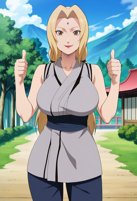 outdoors, smile,solo,cowboy shot, standing, thumbs up,  facing viewer, 
<lora:tsunade a2:1> tsunadea,brown eyes, blonde hair, long hair, large breasts, twintails, lips, makeup, low twintails, lipstick, red lips,
forehead mark, 
sleeveless,kimono,grey kimono, pants,blue pants,
anime screencap, masterpiece, best quality,