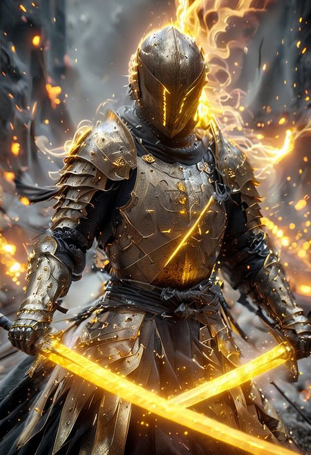 1man, armored samurai in golden samurai armor, wearing samurai helmet and armor,  golden fire, wielding dual swords:1.2, brave perspective, reflection, glowing golden fire, golden lightning shatter, , glowing sword, motion blur, emphasis line, outdoor in the darkness, looking at viewer, katanas