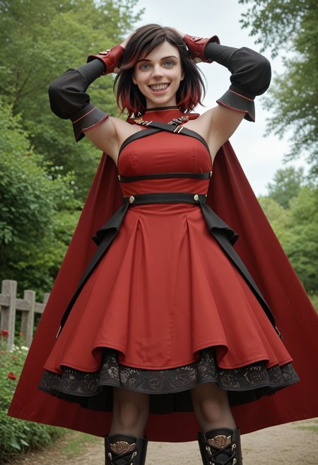 score_9, score_8_up, score_7_up,, high res ima , source_photo, source_real, (realistic:1.4),
,
1girl, cowboy shot, solo, outdoors, smile, looking at viewer, <lora:Summer_Rose_-_IL:0.8> SummerRose_RWBY,  short hair, black hair,gradient hair, grey eyes, fingerless gloves, detached sleeves, bare shoulders,  red dress,pantyhose, red cape, boots, masterpiece, best quality, good quality, newest, hands up over head, crazy pose, low angle