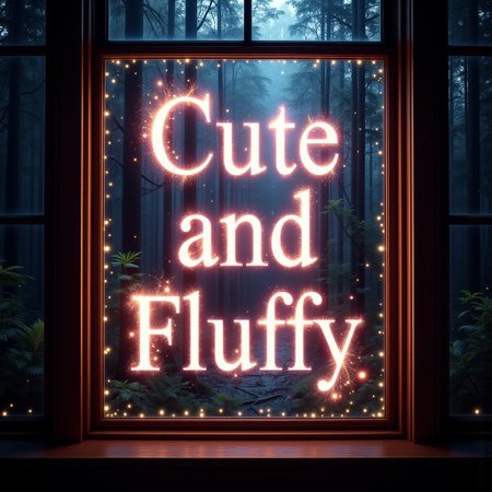 The words, 'Cute and Fluffy,' made of light, Overlayed in rainbow fractal style over a window showing the well-lit fae forest at night with light particles, brilliant and vibrant text focus, the fae forest has glowing verdant foilage lit with magical lights