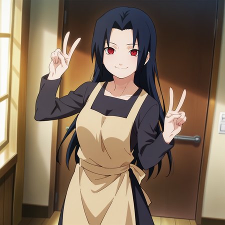 ,indoors, solo,  portrait, double v, happy, closed mouth, 
,  <lora:uchiha_mikoto_IL v1.2:0.9> umikoto, parted bangs, bangs, long hair, black hair, medium breasts,
shirt, skirt, black shirt, black skirt, long sleeves, long skirt, apron,
sharingan,red eyes,
anime screencap, masterpiece, best quality,