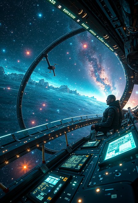 A masterpiece of sci-fi style created by the collaboration of Jackson Pollock and Hiroshi Yoshida.    In this sci-fi photograph, we see a vast, starlit expanse of space as seen from within an alien spaceship. The ship is sleek and futuristic, covered in intricate, glowing blue and green lines that pulse rhythmically. Inside the cockpit, there's a lone pilot wearing a holographic visor that reflects the serene beauty of distant galaxies.The background is dominated by a constellation of shimmering stars, with nebulae glowing in vibrant shades of pink, purple, and teal, forming intricate patterns like celestial art. In the foreground, a series of metallic, crystalline structures jut out from the hull of the ship, casting delicate shadows on its surface.Floating just above the deck are various holographic displays and control panels that emit soft, flickering lights. The entire scene is bathed in an ethereal glow, creating a sense of wonder and mystery as if we're peering into the very fabric of another universe.    HD32K, hyperdetailed, best quality, midjourneyv6.1.
