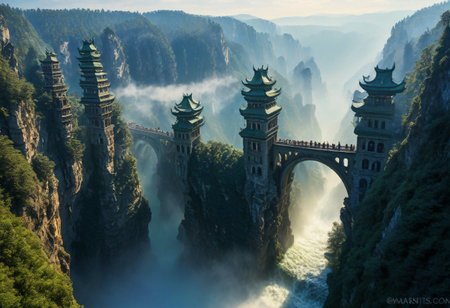 towers ringed in mist, sunrays, mixed media, surrealism, fantasy, great lighting, A surreal landscape highly detailed, extremely high-resolution details, appears trapped in an optical illusion of reflections and refractions colorful, Zhangjiajie mountains,  Vienna in contemporary Austria, stone bridges, winding rivers extending to the horizon, professional photography, natural lighting, volumetric lighting maximalist. vivid, vibrant colors, intricately detailed, complex, elegant, expansive, fantastical, film photography style, medium grain, cmnt
 (8k uhd:1,4)