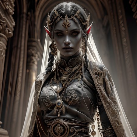 RAW photo, (masterpiece:1.3), subsurface scattering, heavy shadow, (high quality:1.4), (intricate, high detail:1.2), professional photography, HDR, High Dynamic Range, realistic, ultra realistic, photorealistic, high resolution, film photography, ambient lighting, atmospheric effects, <lora:detail_slider_v4:2>, OverallDetail, a female drow temple servant, dark makeup, intricate white robe, belt, jewelry, <lora:Drow:1>,  epiCPhoto