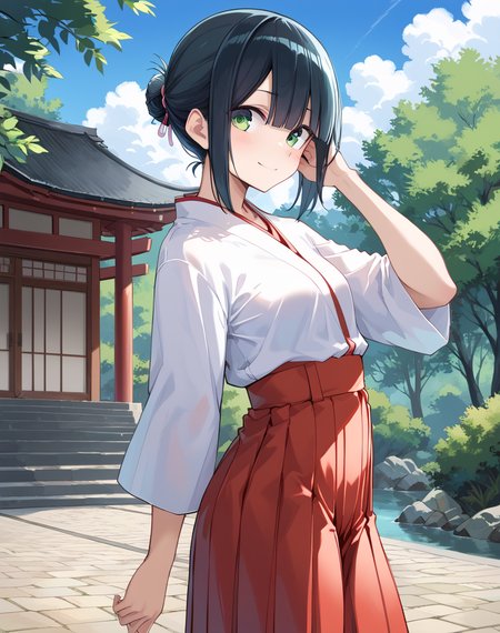 tsuyu-chan, black hair, short hair, green eyes, small breasts, hairbun, tied hair, miko, hakama skirt,  white kosode  BREAK outdoors,japanese temple, BREAK shy pose, looking at viewer, embarassed face, smile, cowboy shot, from side, looking at side, adjusting hair BREAK score_9, score_8_up, score_7_up, source_anime ,zPDXL, perfect hand,<lora:Tsuyu-chan:0.8>