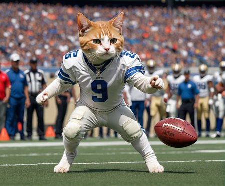 NFL football game with superstar quaterbacker ktt artstyle on the field ready to throw the ball   <lora:Kitty LoRA - Trigger with KTT Artstyle:1>