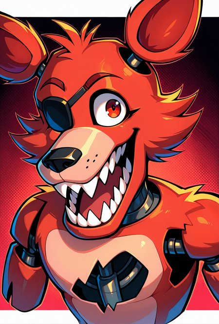<lora:foxy-09:1> foxy, animal ears, 1boy, solo, sharp teeth, eyepatch, pirate hook,  joints, animatronic, smile, cartoon, vibrant red background, masterpiece, best quality, amazing quality, very aesthetic, absurdres, newest,, upper body, halftone effect, white borders, abstract background:1.2,