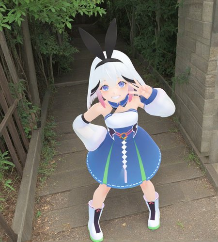 <lora:ãã­ãã·ã´ã£ã¼Puroto_ShivÄ«:1.1>,1girl,
ãã­ãã·ã´ã£ã¼(Puroto ShivÄ«),blue eyes,multicolored hair,white hair,pink sidelocks, short hair,bangs,
bunny ears,hairband,
blue dress,bare shoulders,strapless dress,
detached sleeves.see-through,white sleeves,
white boots,
owboy shot, double v, floating hair, grin, looking at viewer,smile, solo, v, 
animated,very awa, masterpiece, best quality, highres, absurdes,amazing quality,very aesthetic,intricate details,scenery,
<lora:hand 5.5:0.8>