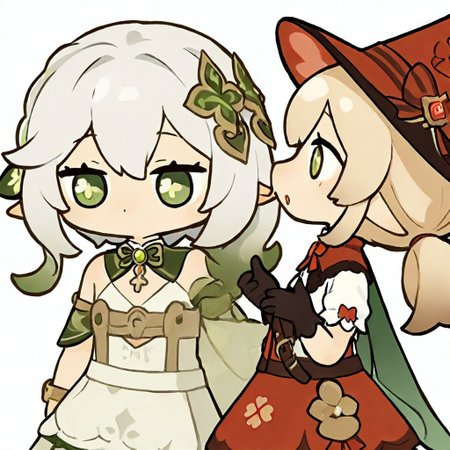 masterpiece, very awa,simple background,white background,chibi,cute,adorable,
BREAK
klee \(blossoming starlight\) \(genshin impact\),bloomers, black gloves, kneehighs, mary janes, witch hat, red skirt, white shirt, shawl, waist apron, bag,
BREAK
Nahida_(Genshin_Impact),green_eyes, white_hair, gradient_hair, long_hair, cross-shaped_pupils, side_ponytail, flat_chest, pointy_ears,green_eyes, white_hair, gradient_hair, long_hair, cross-shaped_pupils, side_ponytail, flat_chest, pointy_ears, hair_leaf, hair_ornament, two-tone_dress, detached_sleeves, sleeveless, green_cape, white_bloomers, bracelet