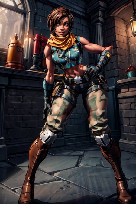 masterpiece,best quality,extreme detail,8k,image sharpness,standing pose,<lora:Kinessa-10 (1):0.8>,kinessa,1girl,solo,breasts,smile,short hair,brown hair,gloves,navel,full body,boots,midriff,belt,pants,pink eyes,scarf,lips,crop top,leaning forward,knee boots,pouch,nose,belt pouch,(curvy),<lora:more_details:1>,
