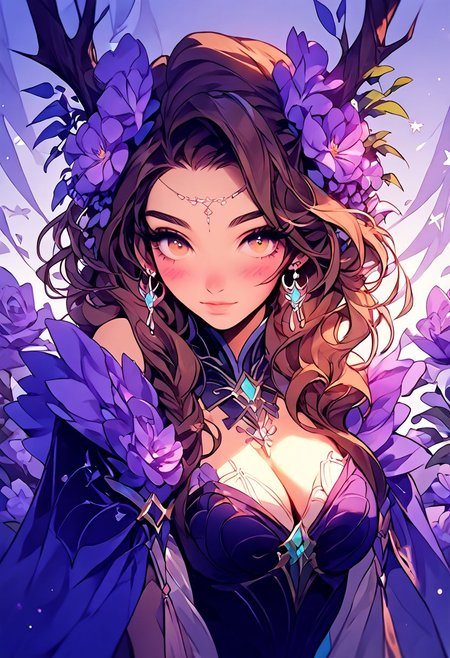score_9, score_8_up, score_7_up, score_6_up, score_5_up, score_4_up, blu3s, 1girl, flowers, black purple flowers, flower frame, (wavt brown hair), beautiful face, adorable face, starry eyes, bust, hazel eyes, cleavage, gentle, soft somber expression, mascara, blush, fake eyelashes,