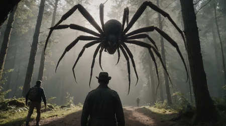 cinematic film still of a pair of men and a giant spider, adventure movie style  <lora:add-detail-xl:0.8>   <lora:aesthetic_anime_v1s:0.8>