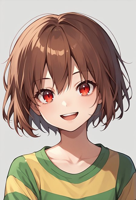 score_9, score_8_up, score_7_up, source_anime , <lora:Chara pony:0.5>,  chara, 1girl, red eyes, shirt, striped, solo, brown hair, simple background, open mouth, looking at viewer, smile, upper body, grey background, striped shirt, short hair, long sleeves