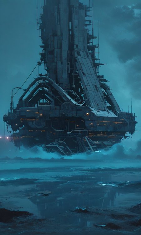 A dark atmospheric CGI image of a futuristic black geometric structure extending over a misty blue ocean with small glowing lights lining its base<lora:- iLL - combined_concept_V1.0-step00033500:1>,  <lora:ck-nc-cyberpunk-IL:0.8>  <lora:- iLL - combined_stylized_V1.0-step00001500:1>