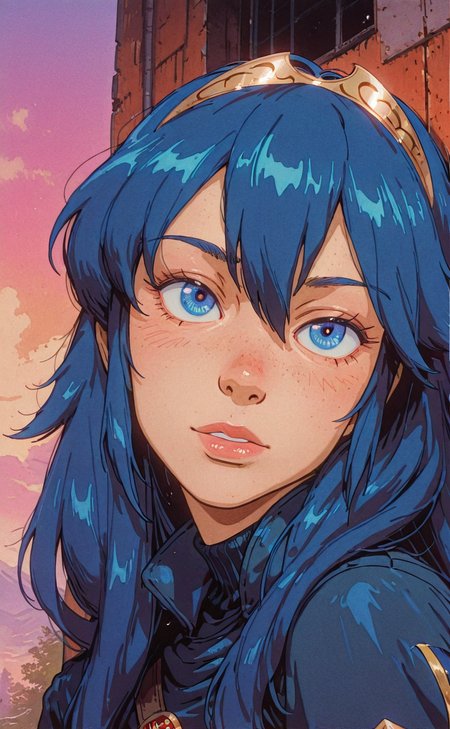 (An amazing and captivating illustration:1.4), absurdes, 4k, 2d, trending on artstation, deviantart, pastels, retro, retro_artstyle, painterly, brushstrokes, textured, blocky,
1girl, solo, detailed eyes, lucina (fire_emblem), looking at viewer, blue eyes, blue hair, long hair, cute girl, tiara, standing, head tilt,
(close-up, portrait, face focus, upper body), side-view, no lineart, outdoors, dusty, soft glow, shadows, soft background, atmospheric, cinematic lighting, limited pallet, pastel_vaporwave_surrealism,
masterpiece, best quality, amazing quality, very aesthetic, absurdres, newest,
 <lora:NOOB_vp1_detailer_by_volnovik_v1:0.4><lora:MoriiMee_Gothic_Niji_Style_Illustrious_r1:0.6>  <lora:retro_scifi_artstyle:0.7><lora:pastel_vaporwave_surrealism:0.3> <lora:90s_anime_aesthetic_illustriousXL:0.7><lora:veluflora-wai:0.2><lora:Bluethebone:0.7> <lora:Incase_New_Illust:0.3> <lora:noobai_ep11_stabilizer_v0.138_fp16:0.3>