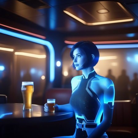 cinematic photo full body portrait 1girl, short hair, blue skin, science fiction, transparent hologram, having a beer in a spaceship  pub  <lora:Cortana1024:0.8> . 35mm photograph, film, bokeh, professional, 4k, highly detailed