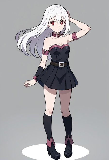 score_9, score_8_up, score_7_up, full body, source_anime, 1girl, armpit, arm up ,flat breasts, flat chest, short girl ,  aarosa, long hair , white hair, red eyes , neutral face, easynegative, looking at viewer, standing,  <lora:fate-medusa-rider-cosplay-ponyxl-lora-nochekaiser:1>, fate medusa rider cosplay, medusa (rider) (fate) (cosplay), bare shoulders, belt collar, collar, collarbone, detached sleeves, dress, long sleeves, pleated dress, short dress, strapless, strapless dress, zettai ryouiki,