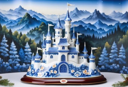 porcelain castle  in Bluepatternporcelain, detailed calligraphy ornament, 
mountain forest meadow background,