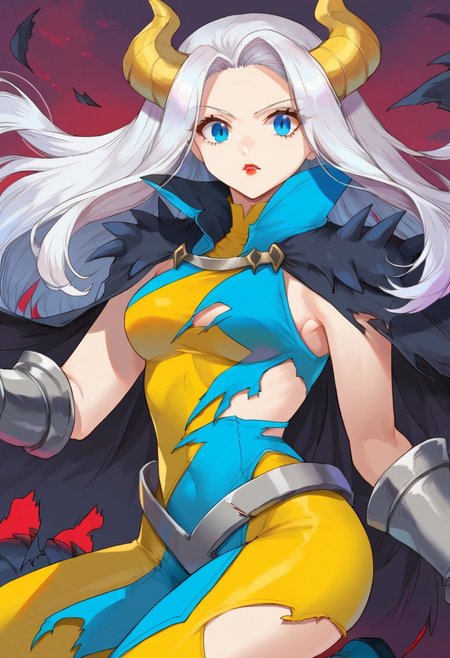mirajsitri, blue eyes, white hair, long hair, demon horns, yellow horns, lipstick, two-tone bodysuit, clawed gauntlets, silver gauntlets, high collar, torn cape, grey belts,  waist cape,  dragon girl, blue footwear,