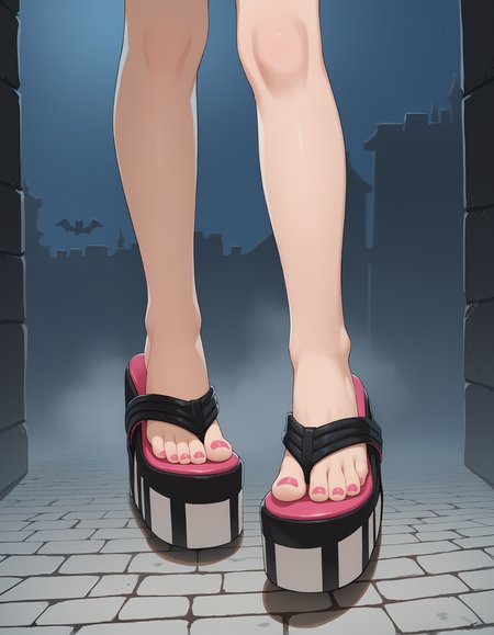 score_9, score_8_up, score_7_up, score_6_up, source_anime,
halloween scene, (from above:0.6), (from side:0.5),
foot focus,
1girl,
standing, feet apart,
dungeon, night dark, fog,
ï»¿lag00na platform flip flops, (platform footwear:1.3), pink toenail polish,
embedding:zPDXLrl ,
embedding:zPDXL2 ,
