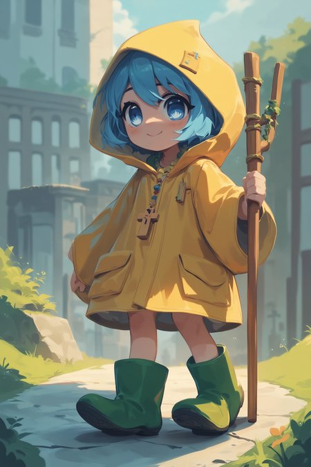 score_9, score_8_up, score_7_up, score_6_up, score_9, score_8_up, score_8, source_anime, 
luce, 1girl, solo, cute girl, short blue hair, blue eyes, full body, boots, signature, yellow hood, colored necklace, cross, staff, smile, blush, outdoors,  
masterpiece, best quality, 
<lora:luce_pony:1.0>