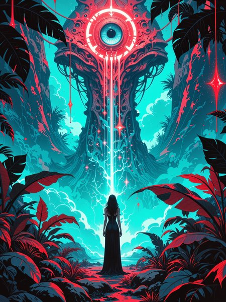 famous artwork, hyper-realistic, photo-realistic, award-winning 80s cinematic fantasy movie scene in an otherworldly jungle featuring a gorgeous woman, highly aesthetic, high resolution, uhd, 8k, 4k, dramatic, epic, meticulous, accurate, at night, perfect symmetry, leading lines, in the heart of the jungle, where shadows dance and bleed, a beautiful chaotic melody, where depravity finds its seed, neon lights paint a picture, of a world immersed in sin, a collision of emotion and violence, where numbness dwells within, unblinking eyes, evil eye, mind-warping horror, lurking presence, eldritch tower, eldritch runes, iridescent crystals, sanity-draining whispers, high contrast, the color palette is predominantly navy blue and crimson red and ivory white and cyan, lovecraftian, cthulhu mythos, ovg, in the style of ckpf, dndgr41nyb0yz style, <lora:style-dnd_grainyboyz-romulus-flux-by_kimwithdapuss:0.32> <lora:style-painterly_fantasy-flux-by_chronoknight:0.48> <lora:style-retro_anime-flux-by_lizardman245:0.32>