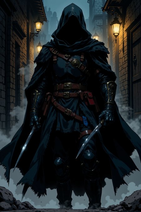 In a shadowed alley illuminated by the dim, flickering glow of distant lanterns, a cloaked figure stands poised, exuding an air of danger and precision. The figure is clad in layered black leather armor, its surface textured with scratches and buckles that gleam faintly in the low light. The hood obscures the figureâs face in darkness, adding an enigmatic intensity, while the faint glint of sharp eyes beneath hints at a predator-like focus. In each hand, the figure wields deadly bladesâa thin, elegant rapier in the right hand and a shorter, jagged dagger in the leftâboth reflecting muted, silvery highlights from the sparse light. The rapier's guard features intricate carvings, while the dagger's hilt is wrapped in weathered leather, suggesting years of use. The dark fabric of the cloak ripples gently as if caught in a subtle breeze, its edges frayed and battle-worn, emphasizing its wearerâs seasoned nature. The background is alive with muted, diversified tones of grays, browns, and soft ambers. Shadowy figures linger in the distance, their vague outlines blending with the fog curling through the scene. Hints of red and cobalt blue catch the eye in the details of the figureâs belt and hidden pouches, breaking the monochromatic palette and adding depth. Dust and debris swirl faintly around the cobblestone streets, enriching the environment with a sense of movement. Rendered in a dynamic comic style, the scene emphasizes sharp contrasts and defined outlines, with precise hatching and dramatic lighting highlighting the textures of the armor and blades. The interplay of light and shadow accentuates the figureâs commanding presence, capturing the tension of a moment ready to erupt into swift and decisive action.
<lora:Dark_Gothic_Comic_style_v.2:0.9> DGC style.