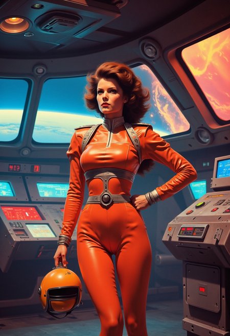 A powerful female space commander in a retro ck-70scf aesthetic, standing confidently on the bridge of a starship. She wears a sleek, futuristic uniform made of metallic fabrics with bold geometric patterns and exaggerated shoulder pads, evoking the classic space-age style. Her helmet, adorned with chrome accents, is under one arm, revealing her voluminous, feathered hair and fierce expression. The control panels around her are lined with analog dials, glowing buttons, and flickering screens in bright neon hues, reflecting the vibrant, optimistic vision of the future. Behind her, massive windows reveal the deep expanse of space, with colorful planets and swirling nebulas in the background. A cinematic mid-shot captures her commanding presence as she issues orders, bathed in dramatic lighting with sharp shadows and lens flares typical of 70s sci-fi films.