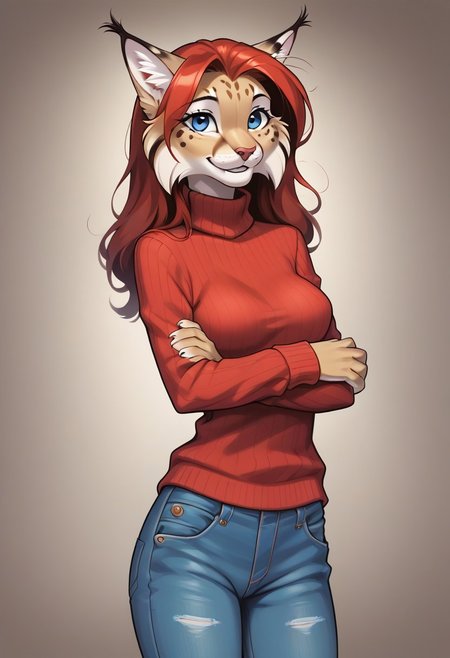 digital_media_(artwork) hi_res, score_9, score_8_up, score_7_up, score_6_up, source_furry, rating_safe, anthro, furry, female, furry female, detailed textured fur, fur tufts, lynx, red hair, blonde brown fur, spots, beautiful blue eyes, medium breasts, covered breasts, slim, slender, turtleneck sweater, denim jeans, smile, SFW,