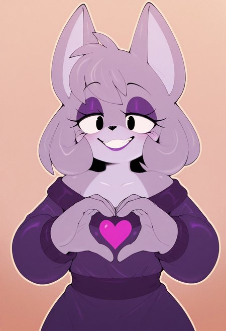 ephemilie , 1girl, solo, medium build, medium hair, sfw, safe for work, covered skin, flowy dress,  black eyes, purple lipgloss, smiling, portrait, upper body, heart hands, foreshortening, detailed, newest, furry female, furry, anthro