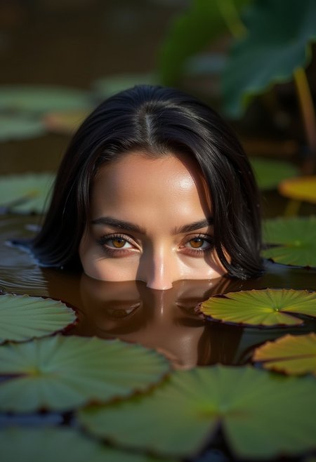 Face of a woman partially submerged in water, gorgeous expressive eyes peering above the surface. Streamlined dark hair slicked back, reflecting natural light. Surrounding environment features lily pads and blurred aquatic background with rich, earthy greens and muted browns. Dramatic, High contrast, extreme lighting