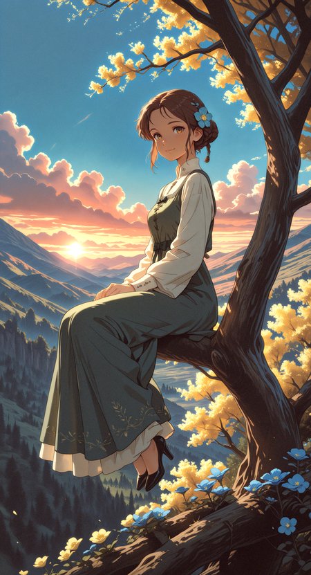 masterpiece, best quality, amazing quality, highres, 1girl, solo, looking at viewer, smile, shirt, brown hair, long sleeves, hair ornament, dress, bow, closed mouth, sitting, white shirt, full body, braid, flower, outdoors, sky, shoes, day, cloud, hair flower, black footwear, hair bun, high heels, blue sky, tree, sunlight, scenery, nature, blue flower, green dress, yellow flower, long dress, wide shot, mountainous horizon, landscape, in tree, sitting in tree, solo Focus, Atmospheric Perspective, ghibli1,
backlit, backlighting, sunset <lora:illustriousXL_stabilizer_v1.23:0.3> <lora:NOOB_vp1_detailer_by_volnovik_v1:0.3> <lora:ponyv6_noobE11_2_adamW-000017:0.45> <lora:backlitILL:0.6> <lora:caradhras_style__IllustriousXL-000011:0.7>