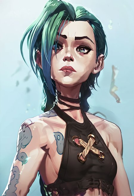 score_9_up, score_8_up, score_7_up, Score_6_up, Score_5_up, Score_4_up, source_anime, (masterpiece, perfectly detailed, detailed face, detailed eyes, beautiful eyes),  8K, extremely detailed, CuteMaster_PS, jinx, 1girl, bare shoulders, black background, black shirt, green hair, grey background, hair over one eye, half-closed eye, long hair, portrait, shiny skin, shirt, shoulder tattoo, sleeveless, sleeveless shirt, solo, tattoo