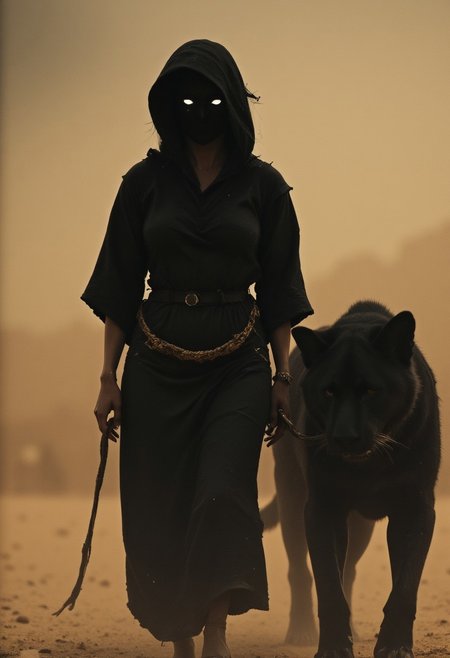 Extreme Upper Body Closeup, Create an image of a voluptuous Cleopatra wearing an authentic summer robe with a deep hood. Dense Dust and Sand storm,  Her face is hidden, replaced by a void of black space with faintly glowing stars and a pale galaxy visible within the darkness. Atmospheric Haze, Cleopatra is walking beside a massive, powerful black puma on a leash. The puma’s eyes glow white with a menacing expression. The scene is set in the Egyptian desert, near the Nile River, under a dusty and scorching sun. The atmosphere is detailed with moody lighting, capturing the sandy environment of ancient Egypt.