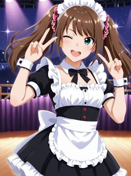 detailed background, shiny skin, posing, rating safe,
<lora:mizusaki.pony:1>,
mizusaki, 
maid outfit, 
stage, night, stage light, 
one eye closed, v, w, peace,