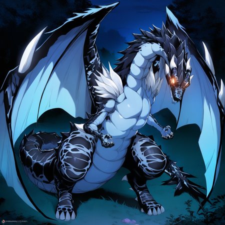 masterpiece, best quality, high quality,
night, nature background,
dragon, wings, glowing eyes, blue body, male, full-length portrait,  <lora:VeldoraDragon[SDXL][NoobAI][EPS]:1>