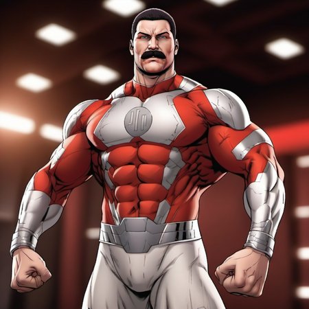 cinematic photo a muscular man with a moustache in a white and red bodysuit <lora:Thragg1024:0.8> . 35mm photograph, film, bokeh, professional, 4k, highly detailed