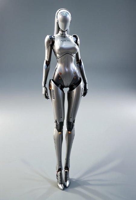 A 35mm full length photo of a beautiful robotic woman, she has a faceless robotic head, robot, silver hair, smooth dark grey metallic featureless feminine body
no face