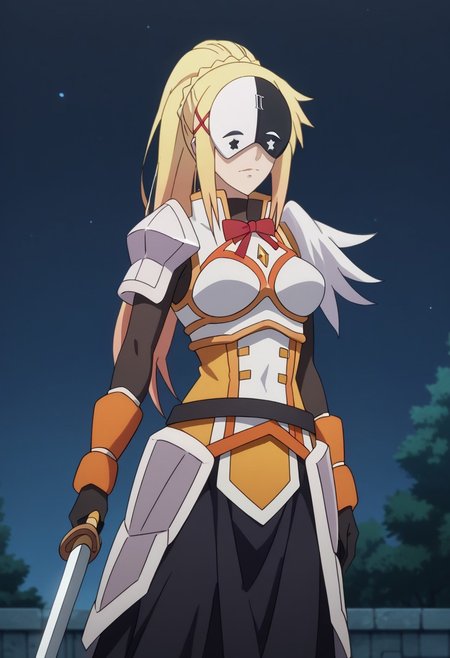 score_9, score_8_up, score_7_up, source_anime, rating_safe, darkness (konosuba), blonde_Darkness_ponytail, black-white_Vaniru_eye mask, white-black_Vanir_star (symbol), 1girl, anime screencap, silver_Darkness_armor, red_Darkness_bow, holding sword,
