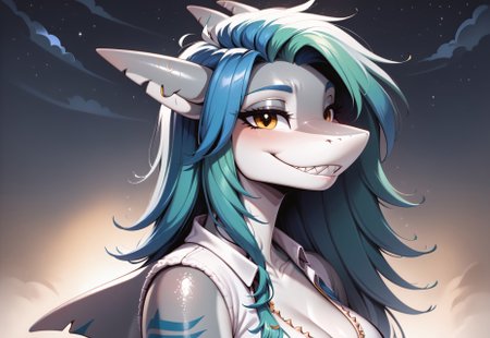 furry shark, fluffy white hair, partially green and blue hair dye, blue eyes, white jacket, black leggings, solo female, night indoor background, white skin, taunting look, short face, outlinem dynamic pose, 1girl, solo, gold eyes, furry female, furry, (anthro female shark:1.2), grey scales, grey body, shark_female, scalie, forehead, <lora:PDXL_artist_tags_v2_big:1>, <lora:Real Furry4:0.4>, <lora:Smooth Anime 2 Style SDXL_LoRA_Pony Diffusion V6 XL:0.75>, <lora:Scalie:0.6> , <lora:Furry_Anthro_Shark_Lora_for_Pony:0.55>