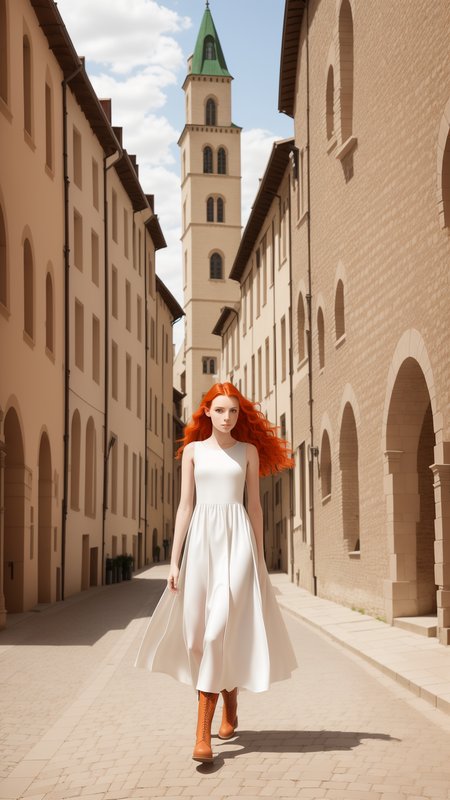 a detailed photography of a fiery woman, (greeneyed, green eyes:1.25), beautiful, slim, bloodred hair. (freckles:0.9), wavy hair, serious face
 wearing novice dress, boots,  
in a city. old buildings.  uneven pavement, medieval era. <lora:Novice_dress_e2:1>