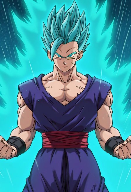 DBSSHSSGohan, 1boy, spiked hair, aqua hair, super saiyan, blue eyes, purple dougi, red sash, black wristbands, purple pants, olive-brown shoes, muscular male, solo, fighting stance, arms at sides, (looking at viewer), aqua aura, cowboy shot, rain, scene reference, bold