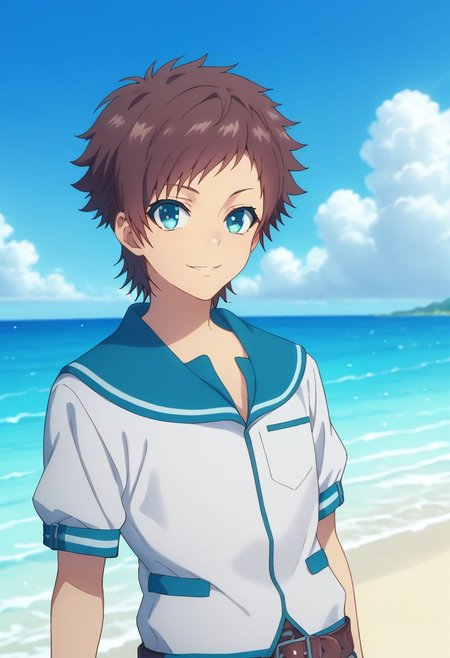 score_9, score_8_up, score_7_up, source_anime, highly detailed, 
hikari, solo, 1boy, male focus, brown hair, blue eyes, upper body, school uniform, belt, pants, smile
outdoor, sea, sky,