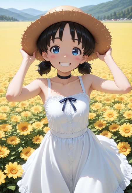 masterpiece, best quality, amazing quality, very awa, looking at viewer,
 <lora:Nina illu:1> 1girl, black hair, short hair, short twintails, blue eyes, blush stickers, 
flower field, summer field, outdoor, , smile, brown hat,buttons,choker,collarbone,dress,grin,hands on headwear,hat,looking at viewer,ribbon,sleeveless,sleeveless dress,small breasts,smile,solo,straw hat,sundress,teeth,white dress