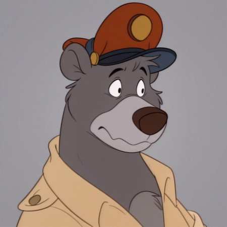 masterpiece, best quality, amazing quality, baloots, male, furry male, anthro, solo, sloth bear, grey fur, two tone fur, grey muzzle, brown nose, black eyes, claws, brown shirt, red pilot cap, neutral expression, looking aside, grey background