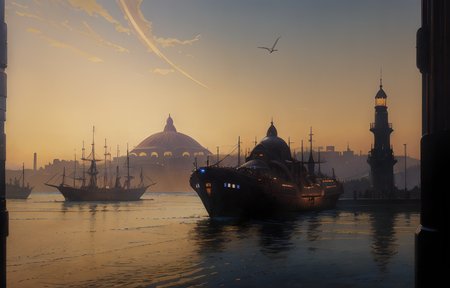 (Masterpiece), artwork, moebius steampunk, a picture of a huge lively egyptian port, in the background a beautifull city in a hilly landscape, domes and temples dominating the skyline, flying steampunk airships in a clouded sky, in the harbour steampunk-cruiser arriving and leaving, the harbour entrance is guarded by a giant obelisk, best quality, ultra high res, cinematic lighting, dramatic lighting, glorious, imperious, fantastic, spectacular, dslr, ultra quality, sharp focus, tack sharp, dof, film grain, technicolor, Fujifilm XT3, photorealistic, 8K UHD <lora:Don_Lawrence_Storm_v1:0.6>, dlstormstyle, <lora:Moebius:0.9> <lora:Nouveau_last:0.6>, art nouveau Style,