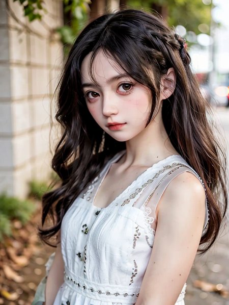1girl,street,dress,messy_hair,beautiful detailed eyes，long wavy curly hair,<lora:no116Girl_no116:0.5>   <lora:bjdDollsLoraMaleAnd_10:0.5>